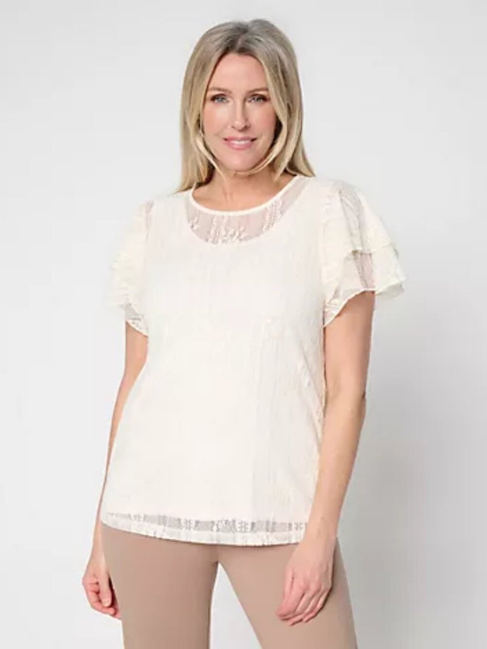 Susan Graver Lace Flutter Sleeve Scoop Neck Top with Camisole, Pearl Sz M a72494